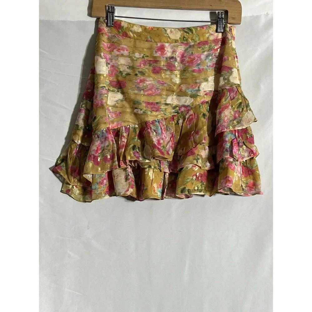 Rococo Sand Skirt Woman's S Mini Silk Floral Gold Details Ruffles Pleated B - Picture 1 of 8